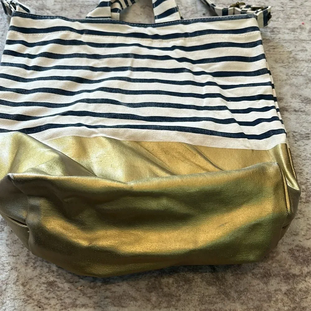 Baggu + West Elm Striped Tote Crossbody strap with gold bottom R painted on